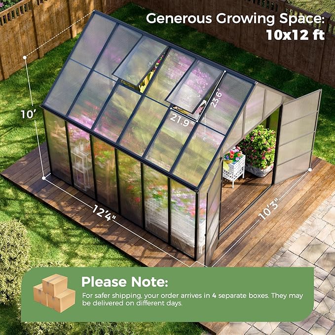 WACASA 12x10x10 FT Greenhouse for Outdoors, Easy Assembly Aluminum Frame Polycarbonate Greenhouse Kit with 2 Vent Windows, Swing Door, Walk-in Sunroom for Backyard Garden