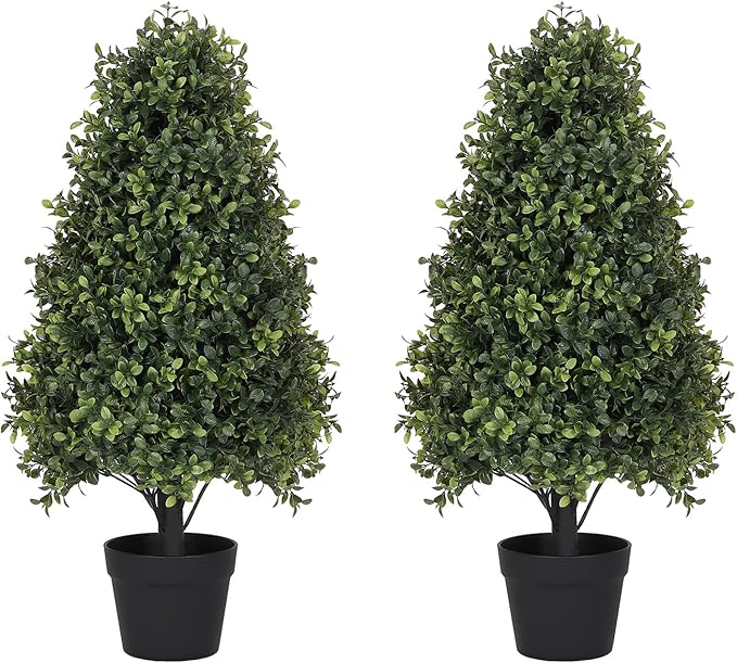 Azoco 30" Boxwood Topiary Trees Artificial Outdoor Set of 2, UV Resistant Faux Plants for Front Porch Planters, Realistic Cone-Shaped Fake Bushes & Shrubs, 2.5ft Evergreen Decoration
