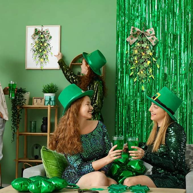 2 PCS St.Patrick's Day Swag Wreath for Front Door Artificial Shamrock Teardrop Swags Wreath Lucky Irish Kitchen Cabinet Wreaths for Home Indoor Outdoor Porch Wall Window Fireplace Mantel Decoration