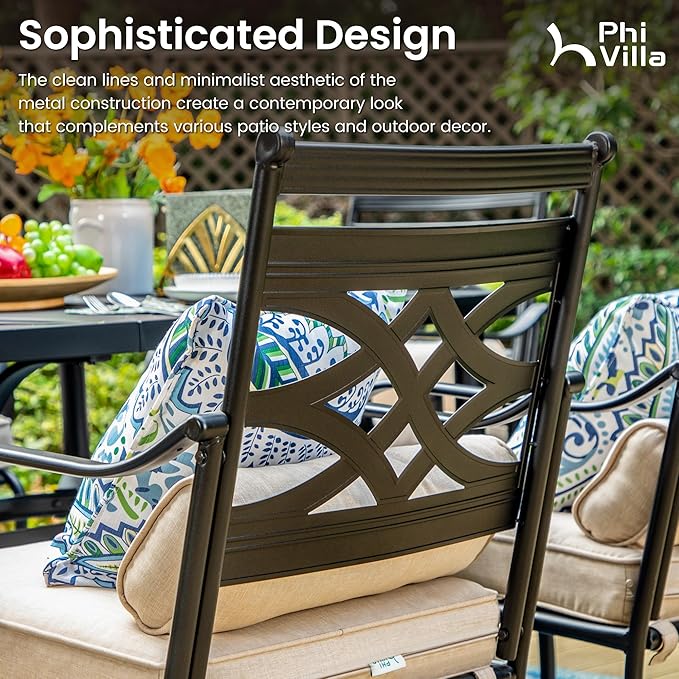 PHI VILLA 7 Pcs Patio Dining Sets,Outdoor Table Chair Set for 6 with Outdoor Swivel Chairs and Metal Frame Steel Rectangular Table,Outdoor Dining Furniture with Cushion and Pillow for Garden Lawn Deck