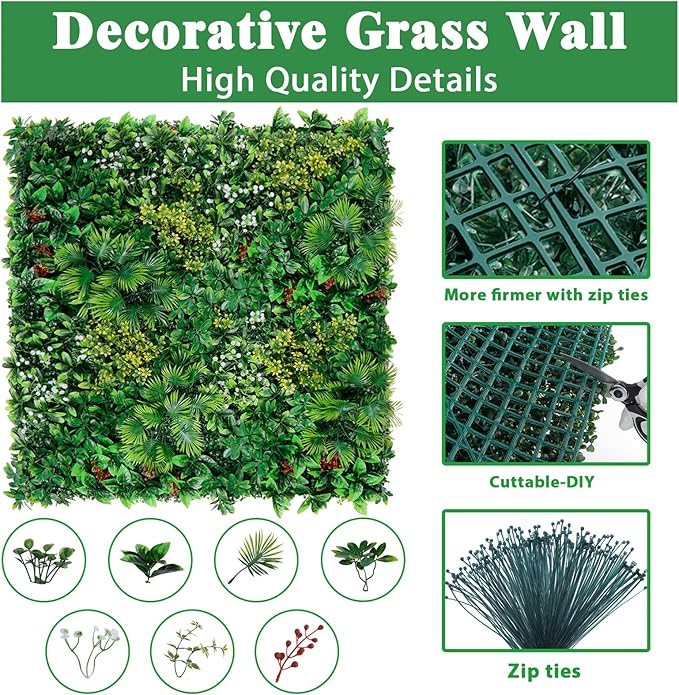 Yangrass Artificial Grass Wall Panels, 20''x20'' 8pcs Boxwood Wall Panels with Tropical Leaves, Faux Greenery Privacy Fence Screen, Grass Backdrop for Outdoor Indoor Garden Birthday Wedding Decor
