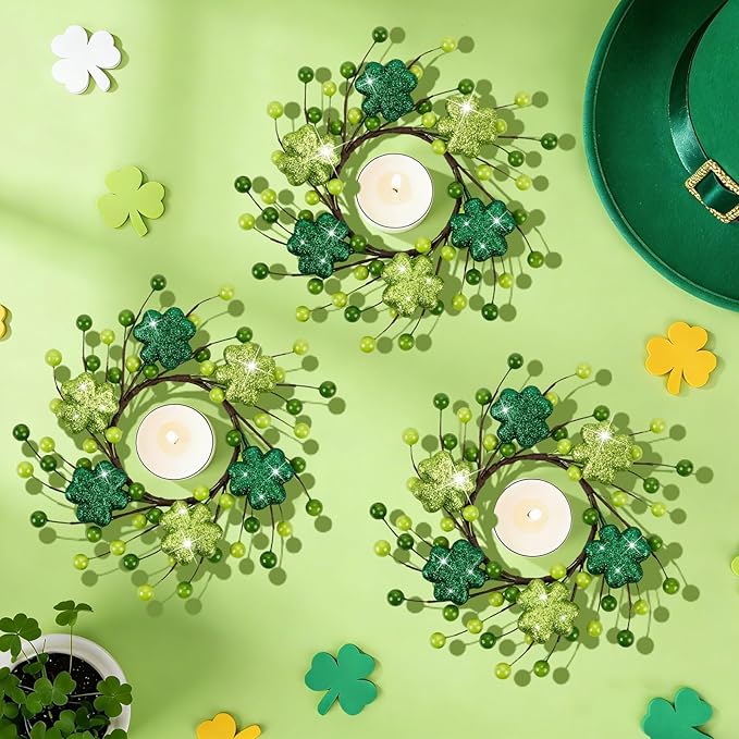 6 PCS Mini St. Patrick's Day Glitter Shamrocks Kitchen Cabinet Wreaths Small St. Patrick's Day Wreath for Front Door with Ribbon Spring Lucky Green Irish Clover Berry Wreath for Porch Wall Window