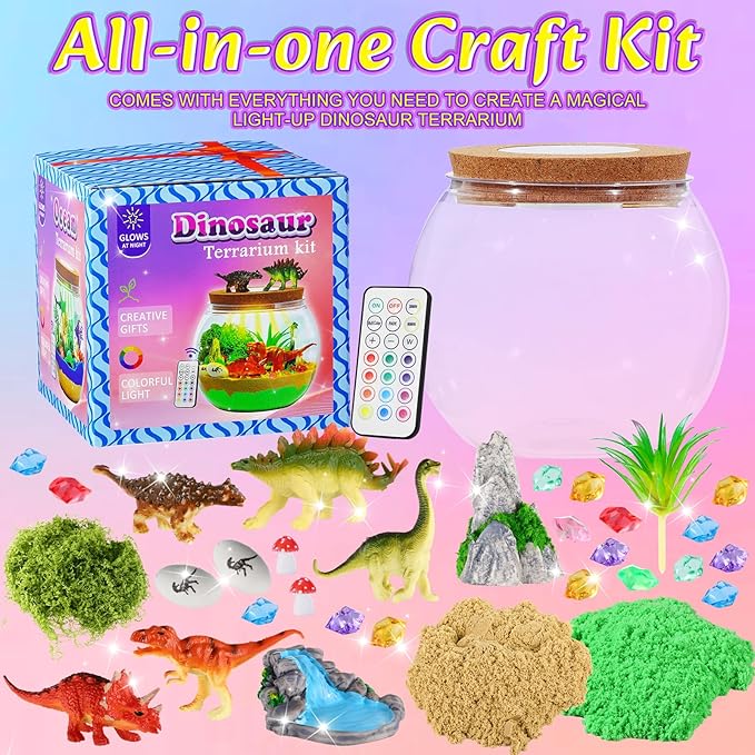 Dinosaur Activities Toys-Light Up Terrarium Kit for Kids, DIY Dinosaur Toys for 3 4 5 6 7 8 9 10 11 12 Year Old Boys, Night Light Dinosaur Arts and Crafts for Boys, Kids Christmas Birthday Gifts