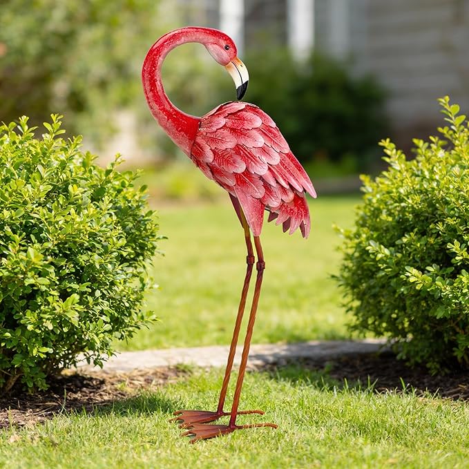 Shorayn Garden Statues Flamingo Sculptures Metal Yard Art, Pink Bird Art Outdoor Backyard Decor Patio Lawn Porch Ornament Flamingo Yard Decoration