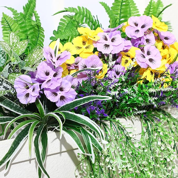 24 Pcs Outdoor Artificial Plants UV Resistant Faux Plant Fake Greenery Stems Faux Shrubs Flower for Outside Hanging Front Porch Patio Garden Window Box Home Wedding Summer Spring Decor(Green Purple)
