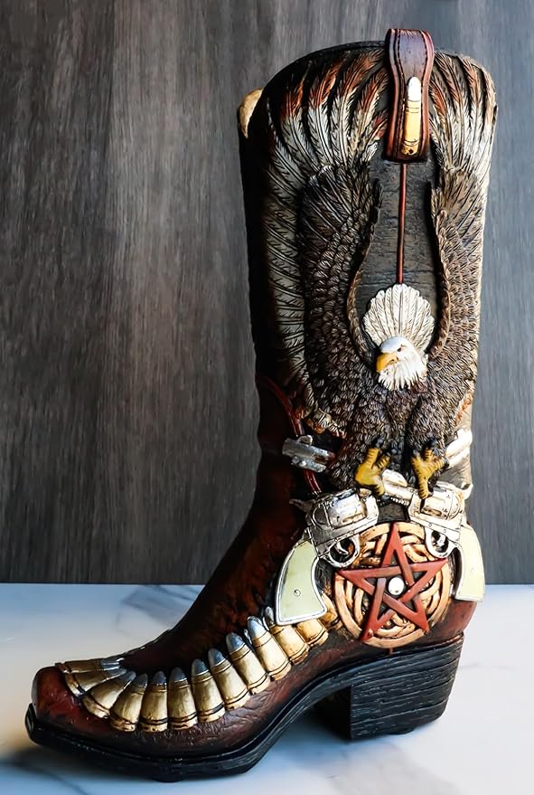 Ebros Gift Rustic Country Western Wild West Bald Eagle with Open Wings Clutching Crossed Revolver Guns and Pentagram Star Faux Tooled Leather Cowboy Boot Decorative Flower Vase Or Planter Figurine