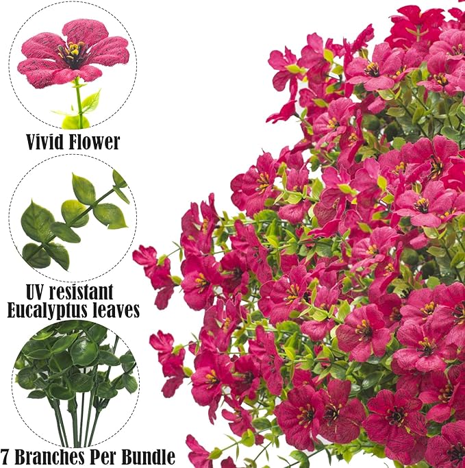Grunyia Artificial Fake Flowers for Outdoor Spring Decoration, 16 Bundles Faux Silk Colorful Daisy UV Resistant Realistic for Outside Porch Patio Home Yard Garden Planters Pots Window Box (Rose Red)