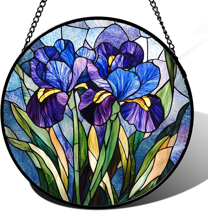 Stained Glass Window Hanging - Blue Purple Iris Flower Suncatcher for Door Garden Patio Sun Catchers Decor Christmas Mother's Day Birthday Gifts for Women Men Mom Nana Aunt Friend 15 in