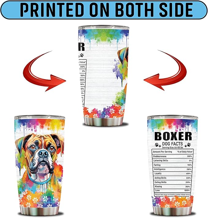 WONWIX Gifts for Boxer Lovers 20 Oz Stainless Steel Tumbler Travel Coffee Mug Birthday Christmas New Year Thanksgiving Easter Gift Ideas for Dog Lovers Owners Boxers Mom Funny Facts Water Bottle