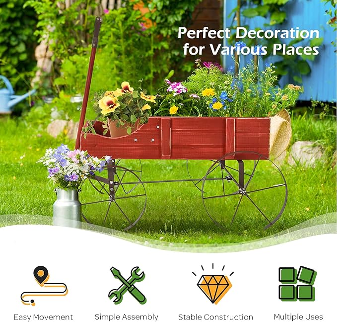 Giantex Decorative Garden Planter, Small Wagon Cart with Metal Wheels, Wood Raised Beds Plant Pot Stand for Backyard Garden Patio 24.5"x13.5"x24" (Red)