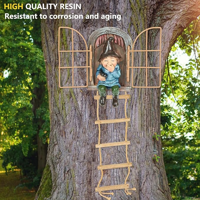Garden Gnomes Decoration Outdoor tree faces decor with Hanging Ladder for Yard, Elf Out The Door Tree Hugger Resin Garden Sculpture Peeker Yard Art Ornament Whimsical Gnome Decor for Patio Yard Lawn