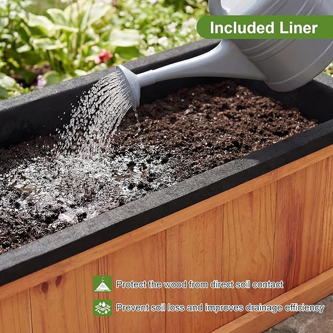 Giantex Outdoor Raised Garden Bed, 40” x 13” x 12” Pine Wood Planter Box with 3 Drainage Holes, Removable Bottom & Bed Liner, Rectangular Flower Container for Vegetables, Herbs, Indoor & Outdoor
