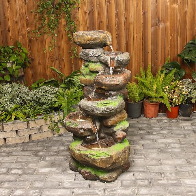 YZM 37.4" H 6-Tiers Cascading Rock Outdoor Water Fountain with LED Lights Outdoor Fountains and Waterfalls for Garden Patio Yard Deck Decor with Natural Stone Look
