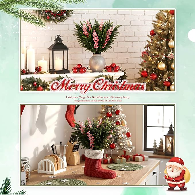 24 Pcs 23 Inch Christmas Realistic Norfolk Pine Branch Set with Red Berry Stems Artificial Green Plants Branches Faux Greenery Stem Fake Cedar Picks for Vase DIY Garland Wreath Home Decor
