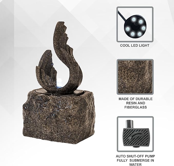 XBrand 25 in H Stone-Look Sculptural Modern Freestanding Fiber Resin Outdoor Garden Fountain w/LED Light, Black
