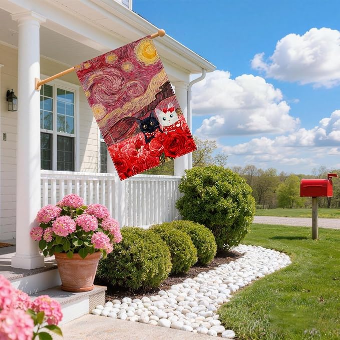 Valentine’s Day Starry Sky Inspired Couple Cats Romantic Rose House Flag large 28X40 Inch Big Vertical Double Sided Yard Outdoor Outside Holiday Decoration