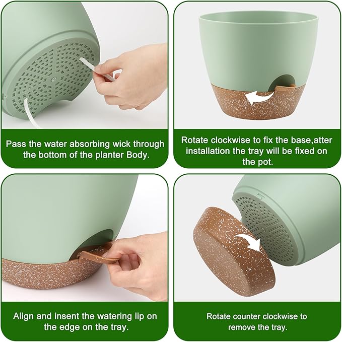 QRRICA Plant Pots 10/9/8/7.5/7 Inch Self Watering Pots, Set of 5 Plastic Planters with Drainage Holes and Saucers,Plastic Flower Pots,Nursery Planting Pot for Indoor Out Door Plants（Green）