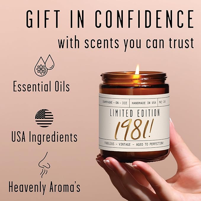 45th Birthday Gifts for Women - 'Limited Edition 1981' Soy Candle, w/Champagne on Ice I 45 Birthday Gift for Her Ideas I 9oz Reusable Jar, 50Hr Burn, Made in USA