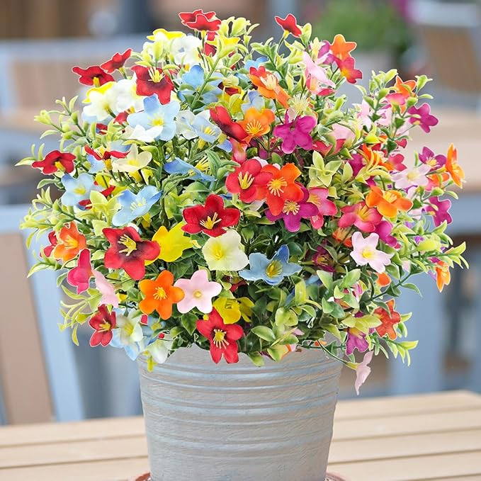 Carfoeny 4 Bundles Artificial Flowers for Outdoors, UV Resistant Silk Fake Flowers Bulk, Multi-Color Faux Wildflowers Bouquets for Window Box, Porch, Hanging Planter, Cemetery Grave Decorations
