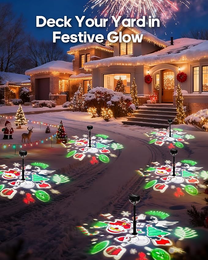 Solar Pathway Lights 8Pack, 1200mAh Solar Garden Lights 2 Themes (Flower & Christmas), Height-Adjustable, Waterproof LED Outdoor Projection Lights for Yard Lawn Backyard Walkway Landscape Decorative