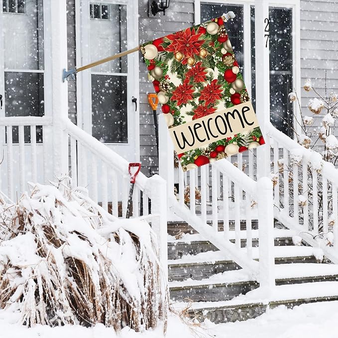 Welcome Christmas Bells Poinsettias Pine Trees Xmas Winter House Flag Large 28X40 Inch Big Vertical Double Sided Yard Outdoor Outside Holiday Decoration