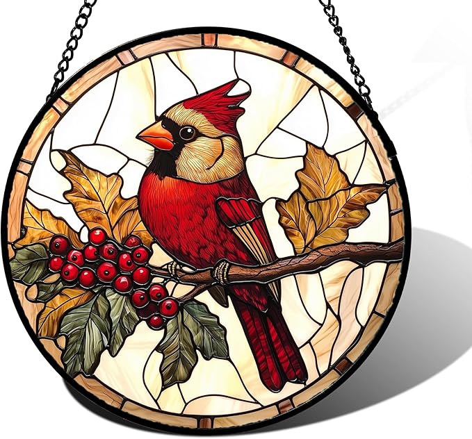 DASTOLL Stained Glass Window Hanging, Birds on a Branch Cardinal Sun Catchers Diamond Glass Panel Hangings Suncatcher Decor for Birthday for Women, Men, Wife, Aunt, and Mom 6.3 in