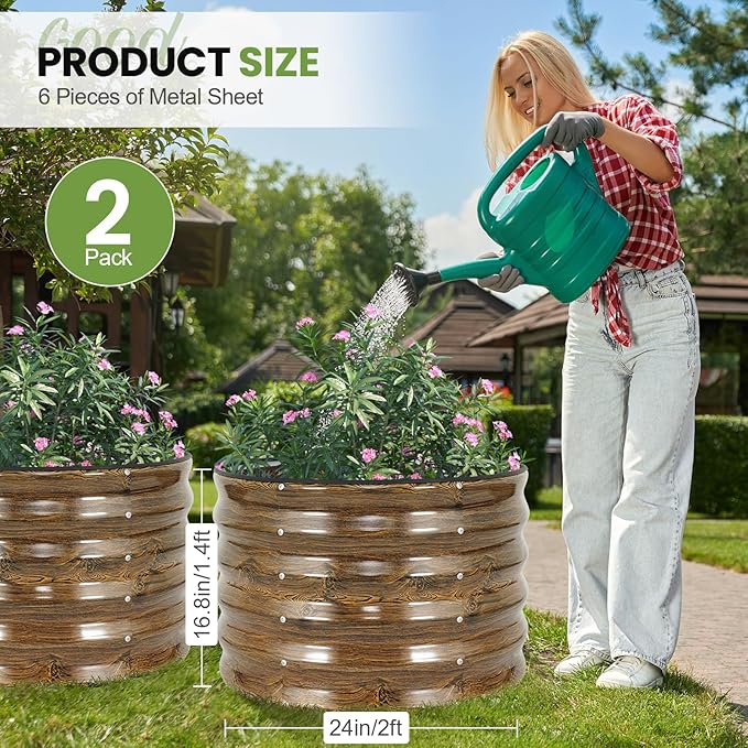 G GOOD GAIN Round Raised Garden Bed - 2Pcs 2x2x1.3ft Galvanized Steel Planter Boxes Outdoor with Rubber Edge Trim | Metal Raised Beds for Gardening Vegetables Flowers Fruits Herbs (Wood Grain)