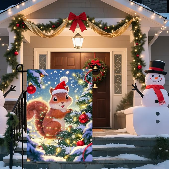 IVN Christmas Garden Flag 12x18 Inch Cute Squirrel in Santa Hat with Red Ball Ornaments and Snowy Tree Flag Double Sided Outdoor Yard Banner for Porch Lawn Patio Decor Holiday Winter
