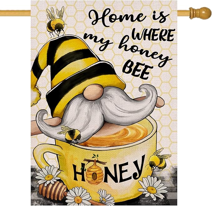 Artofy Home Bumble Bee Gnome Decorative House Flag, Garden Yard Spring Summer Outside Decor, Outdoor Large Burlap Double Sided 28 x 40