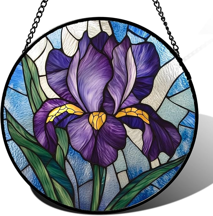 HWRHTR Stained Glass Window Hanging - Iris Birth Flower Suncatcher for Doors Garden Yard Purple Blue Sun Catchers Decor Christmas Mother's Day Birthday Gifts for Teacher Women Mom Nana 11.8 in