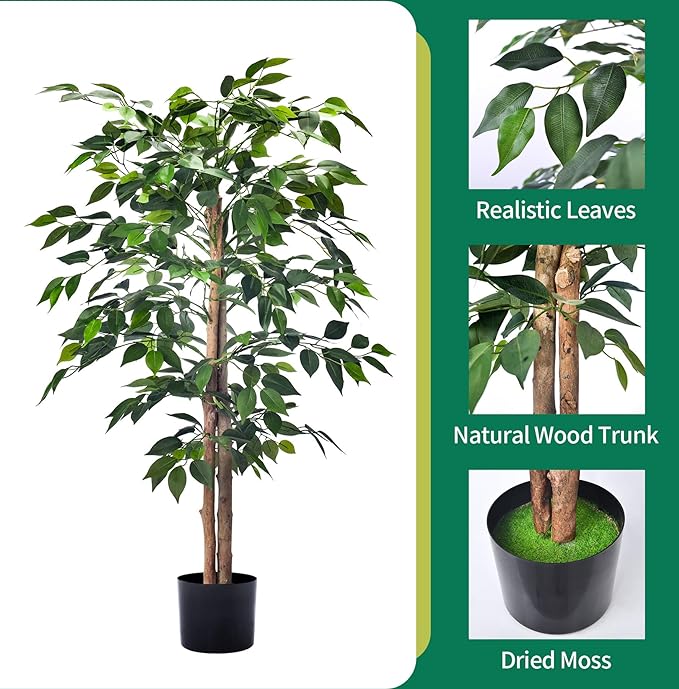 HAIHONG 2Packs 4FT Artificial Ficus Trees with Realistic Leaves and Natural Trunk, Faux Ficus Tree with Sturdy Plastic Nursery Pot, Fake Ficus Tree for Office Home Farmhouse for Indoor Outdoor Decor