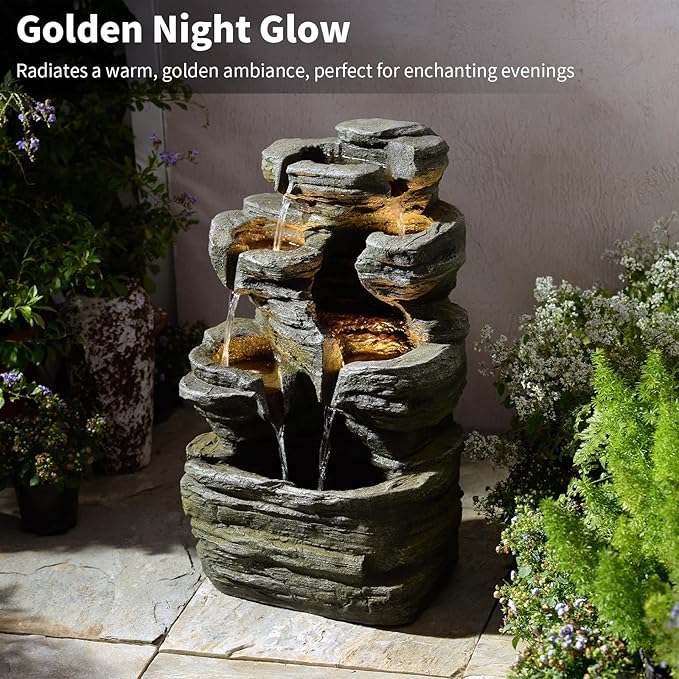 6-Tier Cascading Rock Water Fountain Outdoor Garden Waterfall Decor for Garden, Patio, Backyard, Deck, Porch and Home Art Decor,24.4" H Outdoor Fountain with Lights