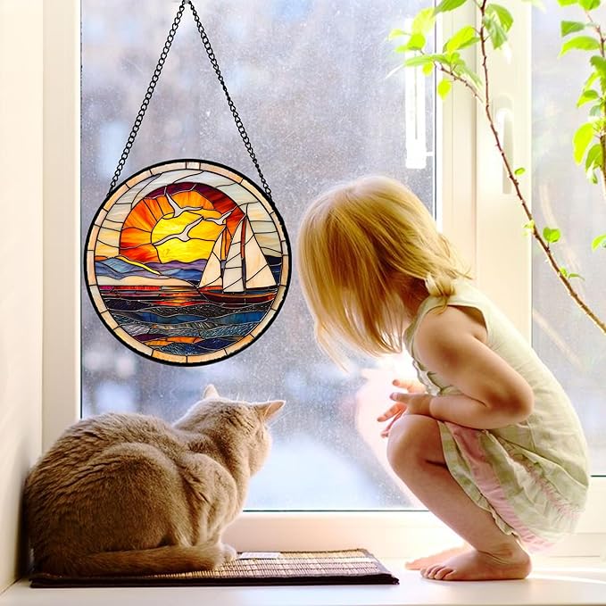 DASTOLL Stained Glass Window Hanging, Sun Ocean Sailboat Seagull Abstract Suncatcher Diamond Glass Panel Sun Catchers Decor for Birthday for Women, Men, Wife, Aunt, and Mom 11.8x11.8 in