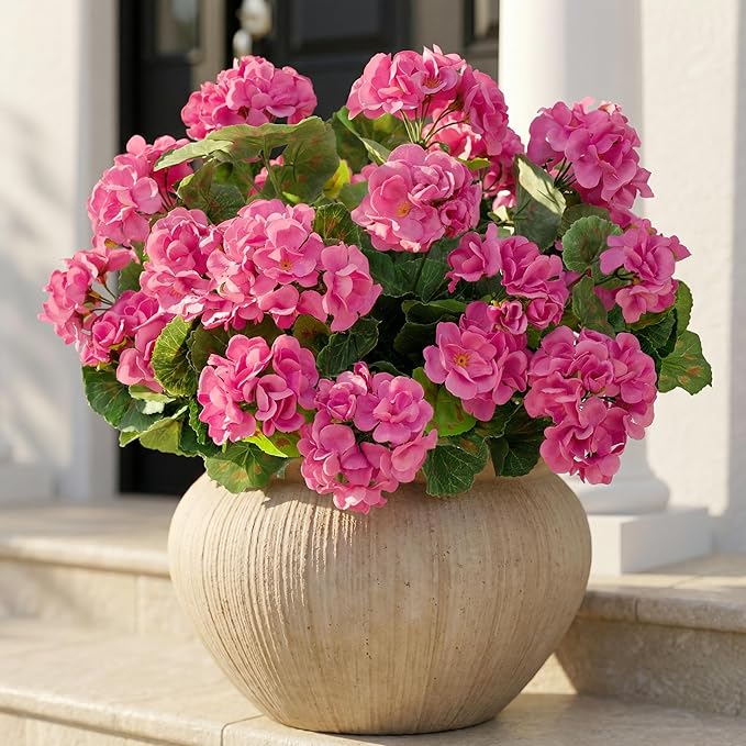 Uqueeten 4pcs Fake Flower Artificial Geranium,Artificial Flowers for Outdoors, Geraniums Artificial Flowers Realistic,Artificial Geraniums for Outdoors Fake Plant Decoration 14.4"(Rose Red)