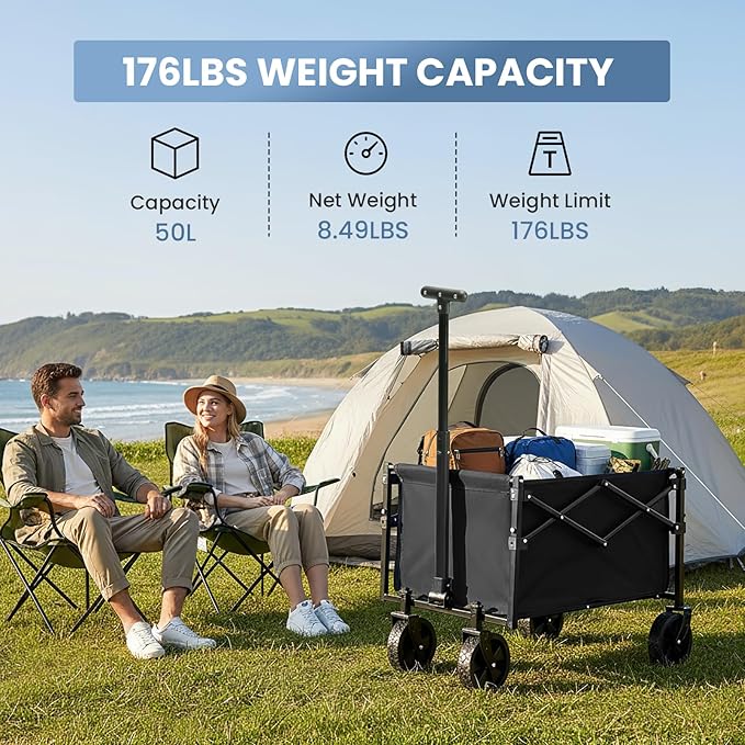 NEWBULIG Collapsible Wagon Cart, Foldable Beach Wagon with Wheels - Lightweight Foldable Utility Cart, Easy to Carry for Grocery Shopping, Garden & Camping