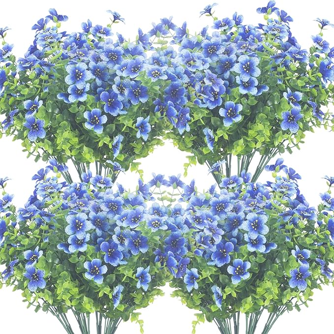 Grunyia 10 Bundles Artificial Flowers Outdoor UV Resistant Fake Flowers No Fade Faux Plants Garden Porch Window Box Decorating (Blue)