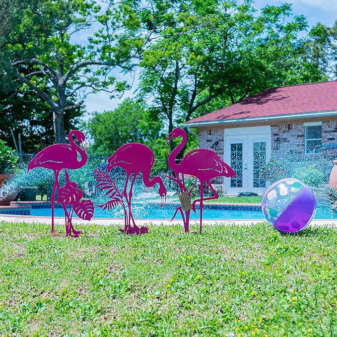 RealSteel Pink Flamingo Yard Decorations – Set of 3 Metal Flamingo Garden Statues, Outdoor Lawn & Front Yard Decor, Weatherproof Steel Yard Art, Flamingo Gifts for Women, Christmas & Summer Garden