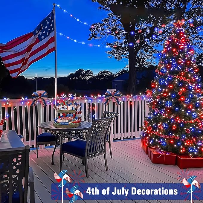 JMEXSUSS 200 LED 4th of July Fairy Lights, Red White and Blue Lights Indoor with Wheel, 8 Modes Remote Control Twinkle Patriotic Lights in for Independence Day American Flag Holiday