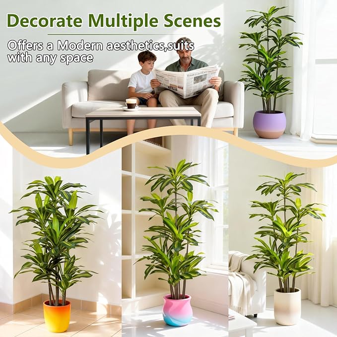 Artificial Dracaena Tree 6FT - Fake Tree with Black Planter - Faux Yucca Tall Fake Floor Plant in Pot - Artificial Plant for Home Office Living Room Decor Indoor