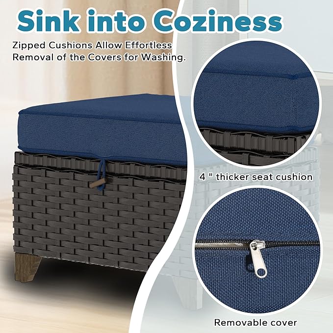 7 Pieces Patio Conversation Furniture Set - 1 Sofa, 2 Ottomans, 4 Armchairs, Outdoor Wicker Furniture with Removable Cushions for Porch, Balcony, Sunroom (Blue)