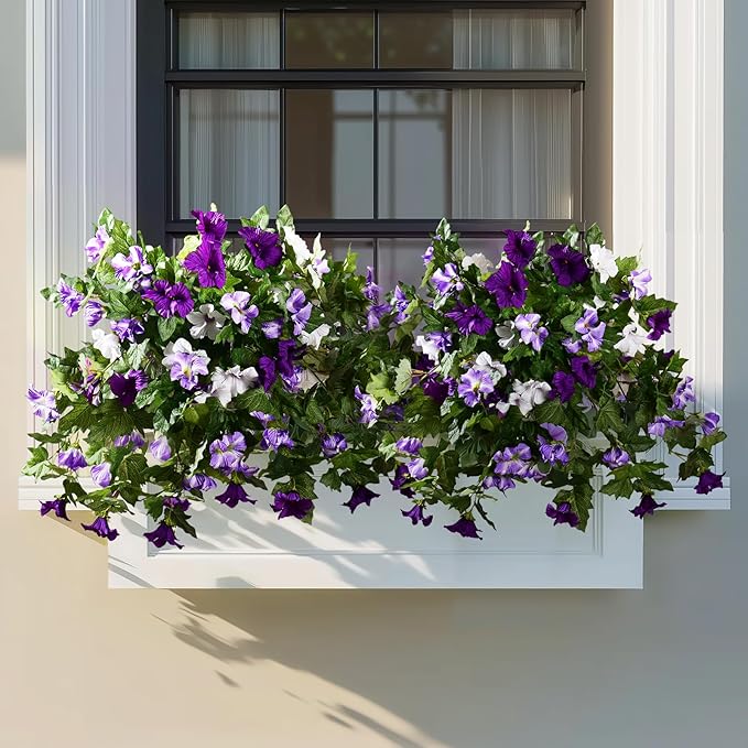 Artificial Morning Glory Flowers Plants for Outdoor 2Pcs Faux Silk Petunias Flower Realistic Faux Flowers Plants for Outside Planter Porch Yard Patio Balcony Home Indoor Decor (2 Pcs Purple)
