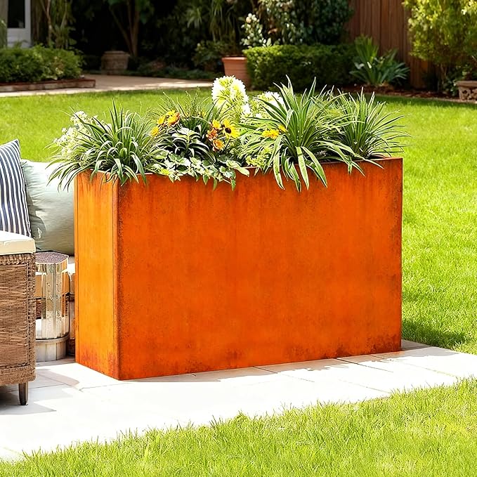 GZLVSOW Corten Steel Outdoor Planter Box 32" x 15" x 24" for Outdoor Plants Metal Rectangle Planter Spliced Flower Box with Partitions for Outside,Indoor,Garden (Corten, 32 * 15 * 24)