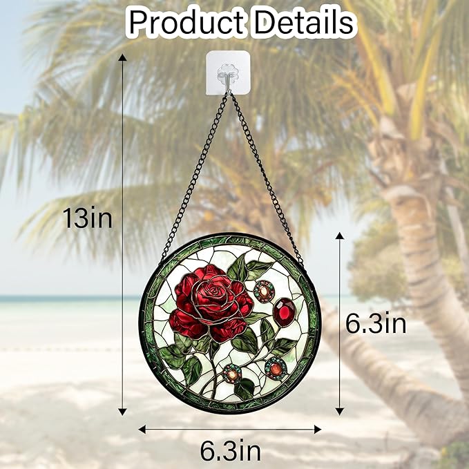 DASTOLL Stained Glass Window Hanging, Red Rose Gemstone Green Sun Catchers Diamond Glass Panel Hangings Suncatcher Decor for Birthday for Women, Men, Wife, Aunt, and Mom 6.3 in