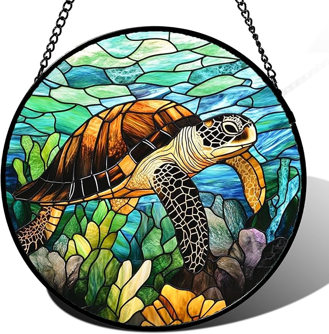 HWRHTR Stained Glass Window Hanging - Cute Sea Turtle Suncatcher for Door Garden Yard Blue Ocean Sun Catchers Decor Christmas Mother's Day Birthday Children's Gifts for Women Mom Nana Friend 7.8 in