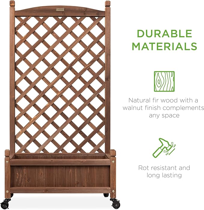 Best Choice Products 60in Wood Planter Box & Diamond Lattice Trellis, Mobile Outdoor Raised Garden Bed for Climbing Plants w/Drainage Holes, Optional Wheels - Walnut