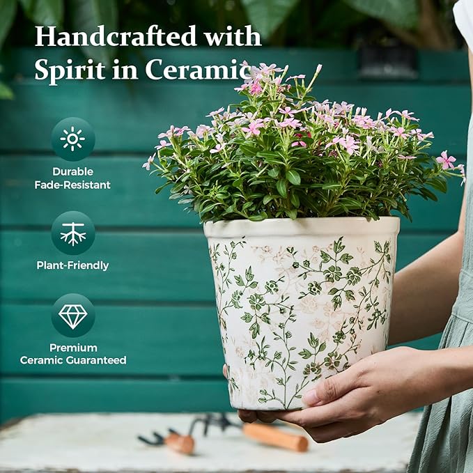 Teweiqi Ceramic Planter Without Drainage Hole, 6.7 Inch - Indoor/Outdoor Flower Pot for Orchids, Succulents, Green Floral Modern Farmhouse Design Plant Pot for Home,Office & Garden Décor, Ideal Gift