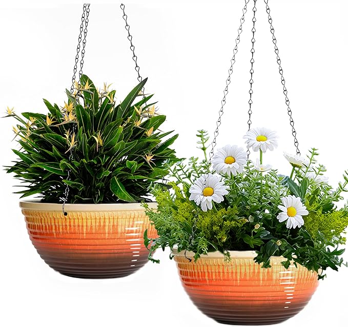 LESOASIS 12 inch Large Hanging Planters for Indoor Outdoor Plants, Set of 2 Glazed Hanging Flower Pots with Drainage Hole, Hanging Baskets for Garden Home Porch Decor