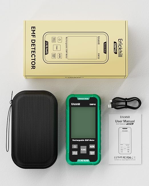 ERICKHILL EMF Detector, 3‑in‑1 Portable EMF Meter and Radiation Detector for RF, EF, MF, & WiFi Signal– EMF Reader with 3-Color Sound‑Light Alarm, Rechargeable Battery for Home, Office & Ghost Hunting