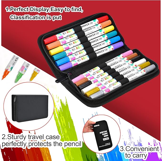 KEMYR 12 Colors Acrylic Paint Pens, Dual Tip Acrylic Paint Markers for Paper, Wood, Canvas, Stone, Rock Painting, Glass, Fabric, DIY, Ceramic, Art Supplies for Adults Drawing (Dot + Fine)