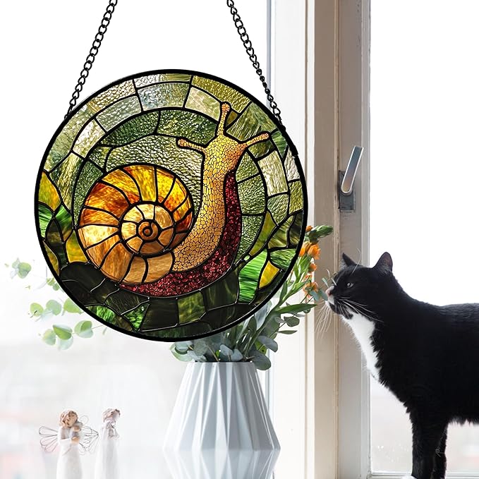 AMDERVEN Stained Glass Window Hanging, Green Orange Snail Sun Catcher for Door Home Decor Suncatcher Christmas Mother's Day Birthday Gifts for Women Men Mom and Nana 9.8 in